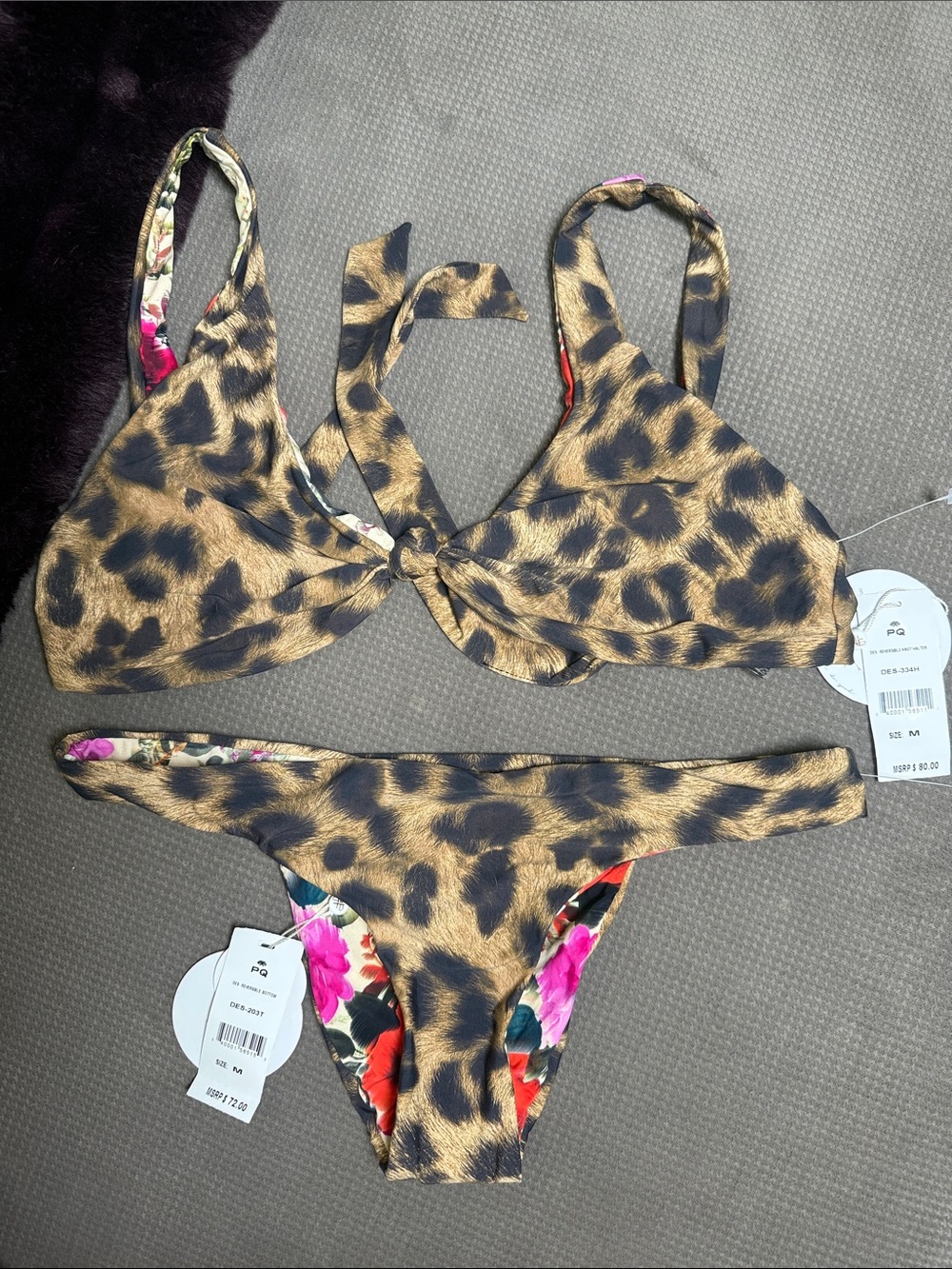 NWT PQ Swim Leopard Reversible Floral Tie Front Bikini Set Medium